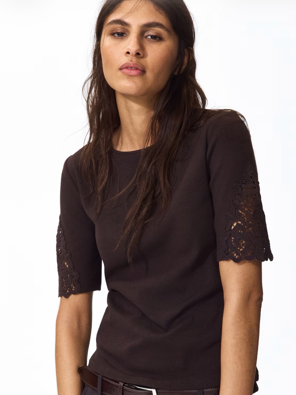 H&M Black Short-Sleeve Tee with Lace Sleeve Insets